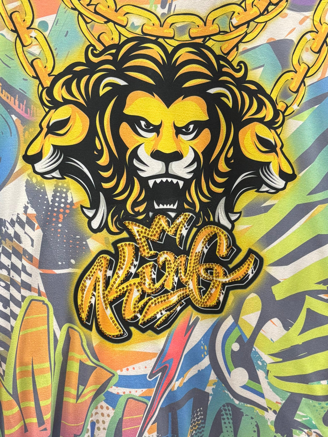 Graffiti Lion Rhinestone "KING" All-Over Print Graphic Tee Shirt
