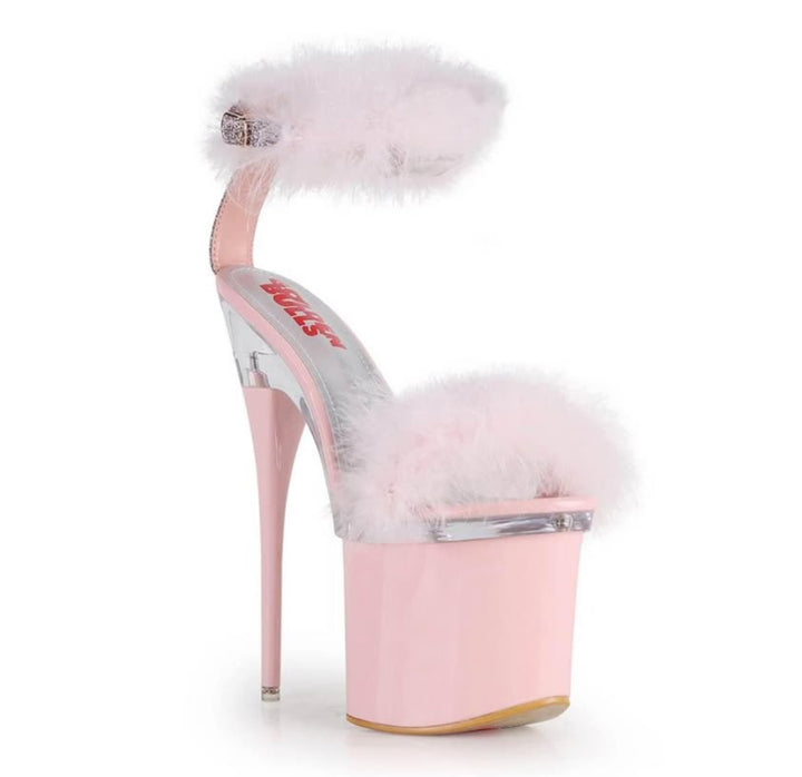 Exotic Fur Trim Ankle Strap Platform Heels