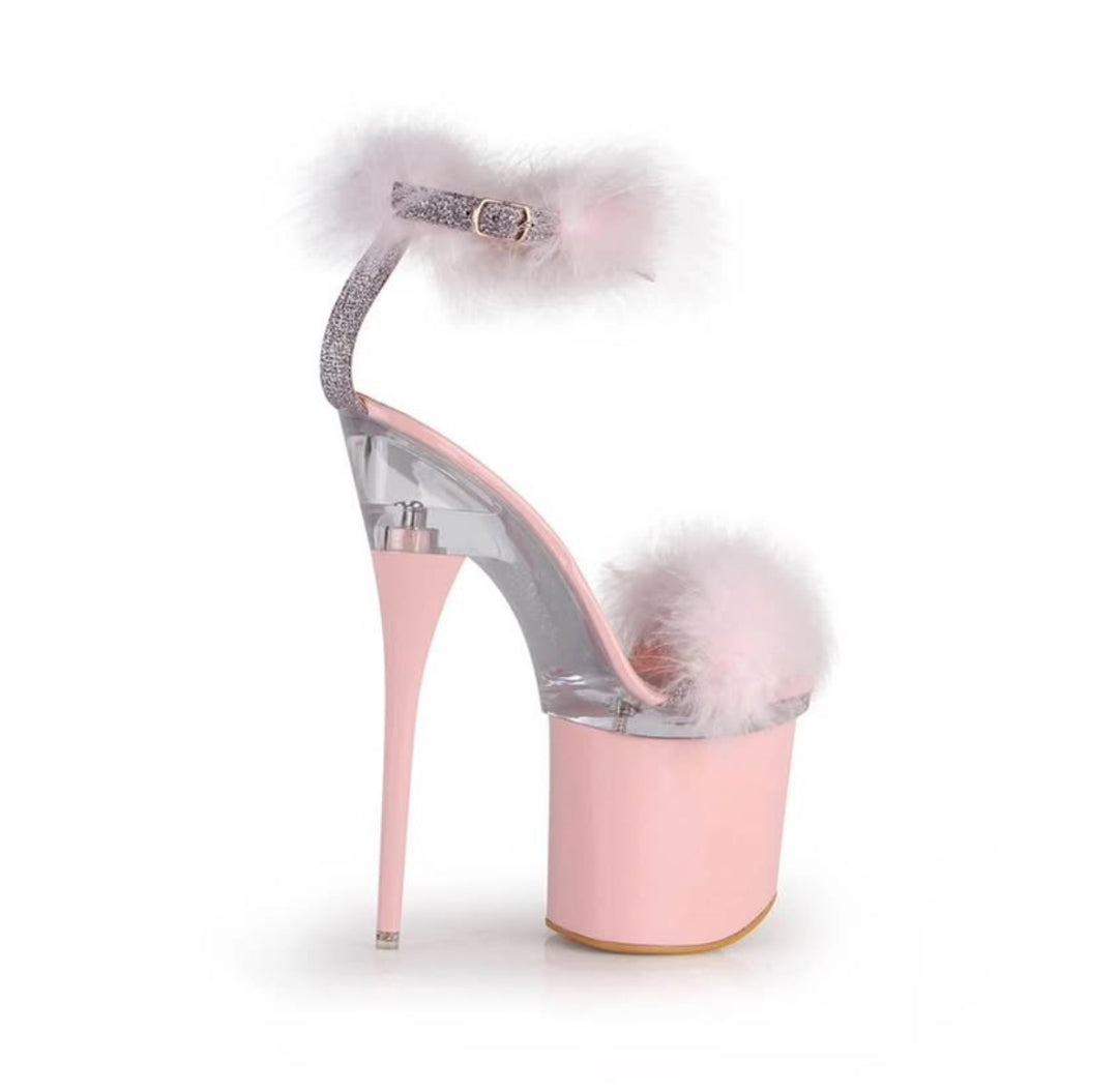 Exotic Fur Trim Ankle Strap Platform Heels
