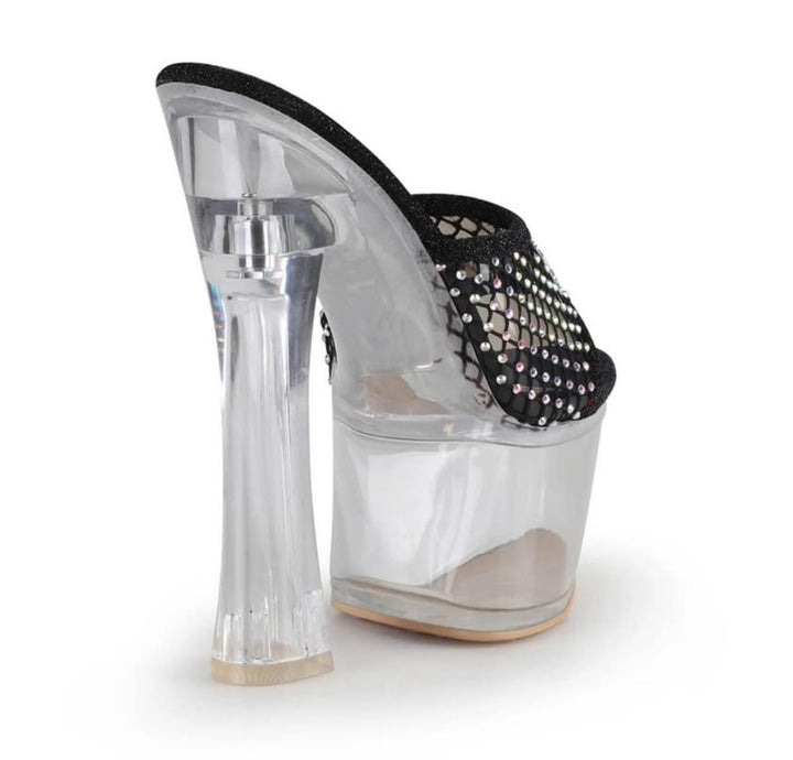 Exotic Single Strap Mesh with Rhinestones Clear Platform Block Heels