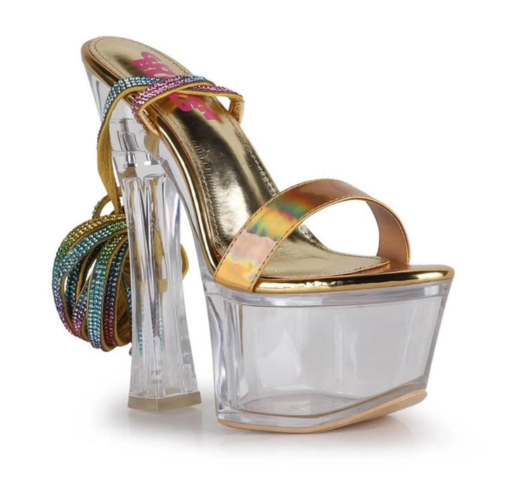 Rhinestone Harness Strap Clear Platform Chunky Heels