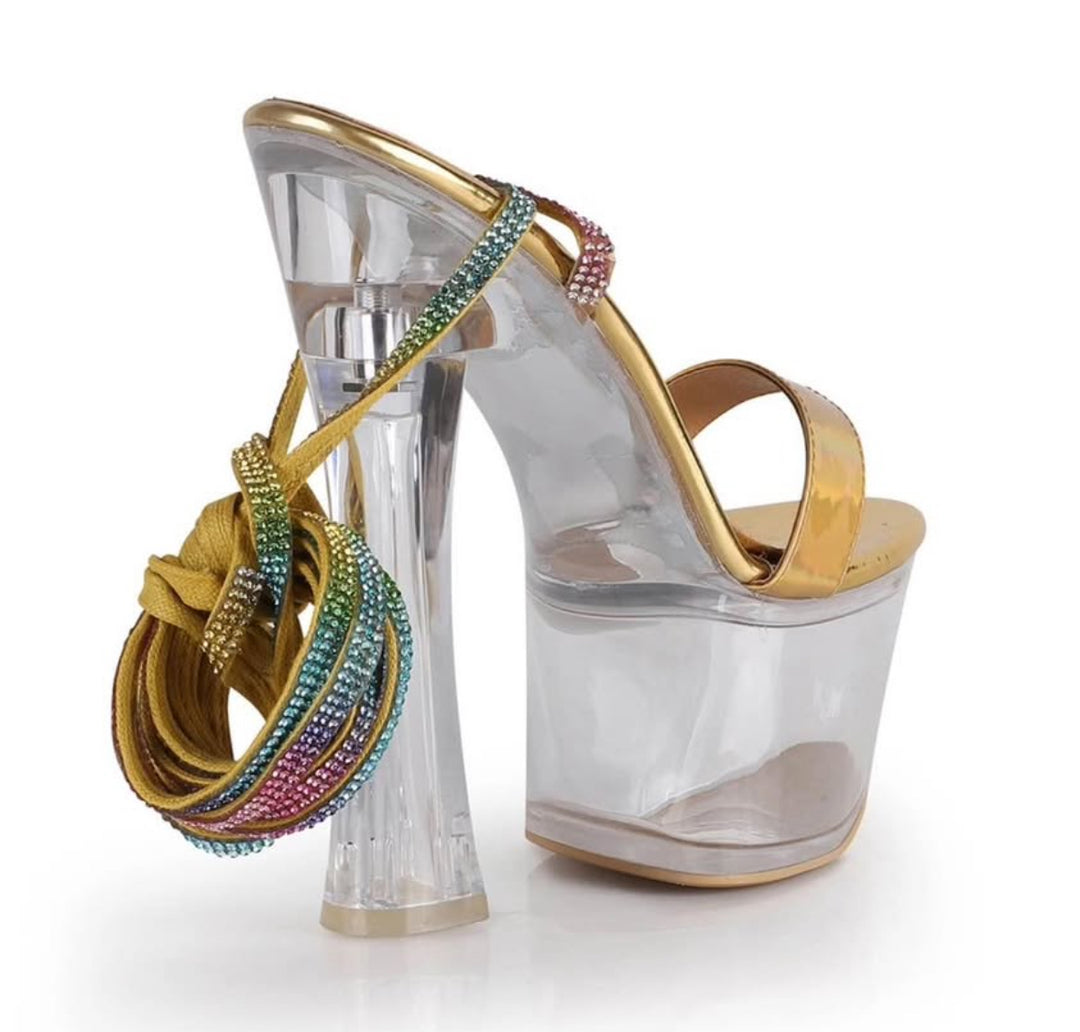 Rhinestone Harness Strap Clear Platform Chunky Heels