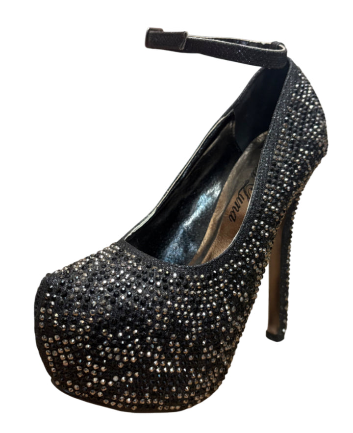 Black/Silver Two Tone Rhinestone Platform Heels with Ankle Strap