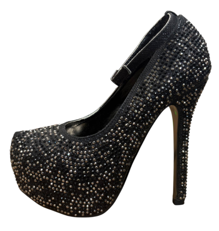 Black/Silver Two Tone Rhinestone Platform Heels with Ankle Strap