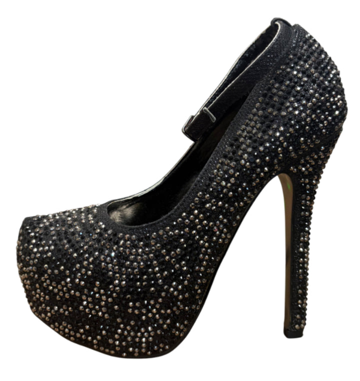 Black/Silver Two Tone Rhinestone Platform Heels with Ankle Strap