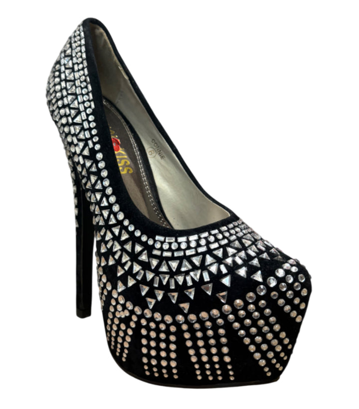 Studded Rhinestone Suede Platform Heels