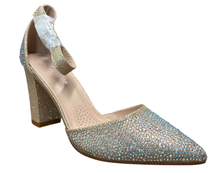 Rhinestone Pointed Toe Block Heels with Ankle Strap