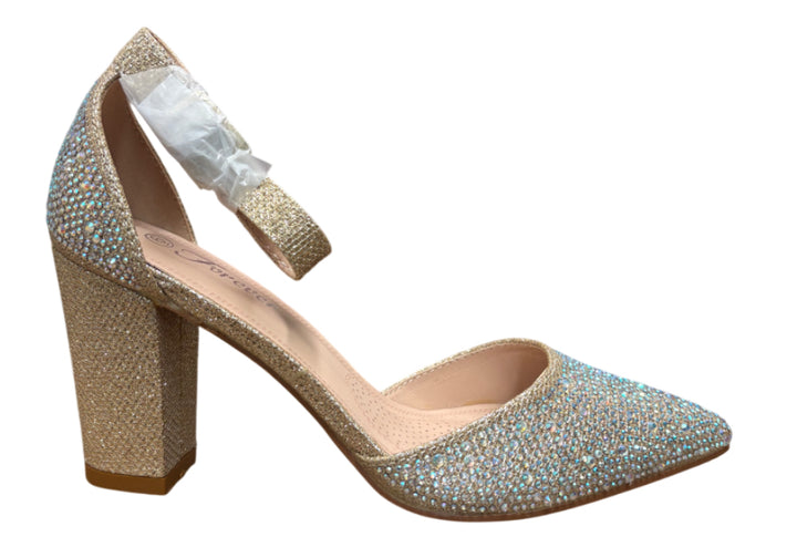 Rhinestone Pointed Toe Block Heels with Ankle Strap
