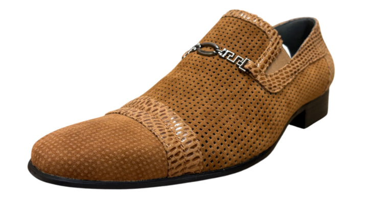 Perforated Leather Loafers with Embossed Trim & Metal Bit Accent Dress Shoes