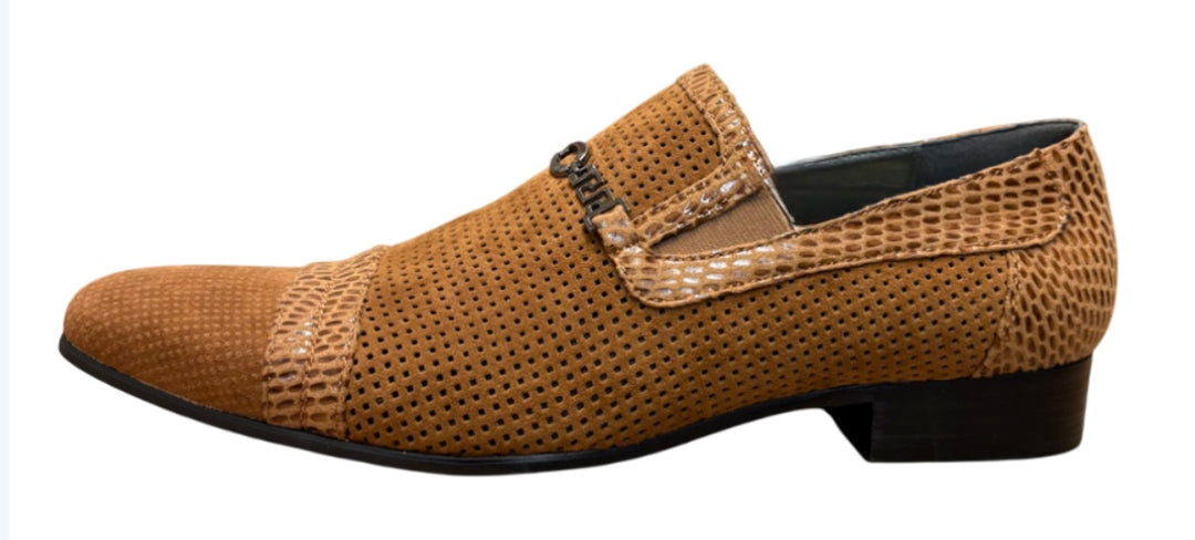 Perforated Leather Loafers with Embossed Trim & Metal Bit Accent Dress Shoes