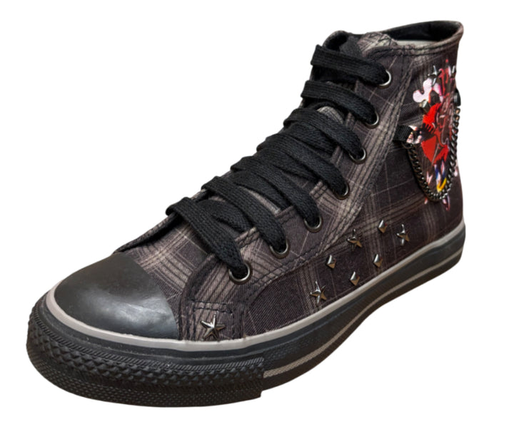 Plaid Shoes with Studded Accents & Chain Detail