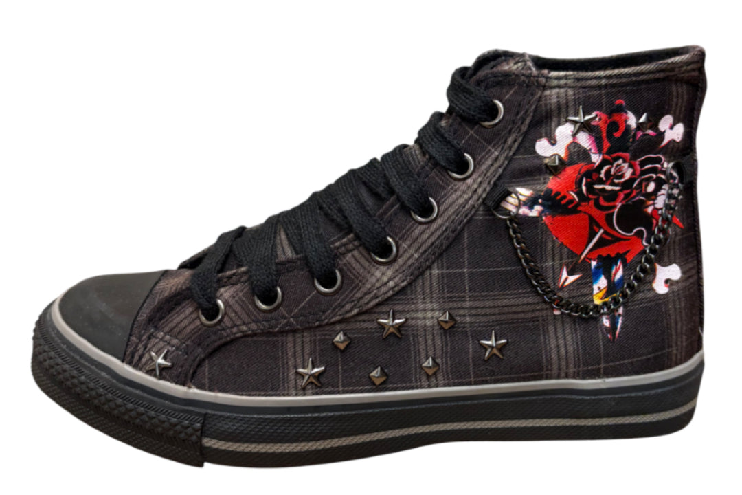 Plaid Shoes with Studded Accents & Chain Detail