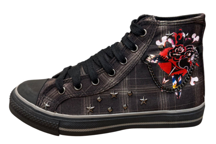 Plaid Shoes with Studded Accents & Chain Detail