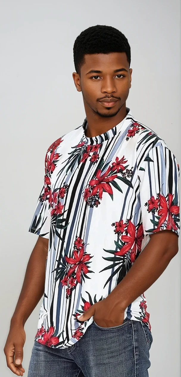 Red Floral Stripe Print Casual Shirt