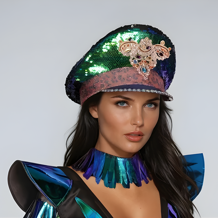 Blue & Black Two-Directional Sequin Police Hat with Ornate Appliqué