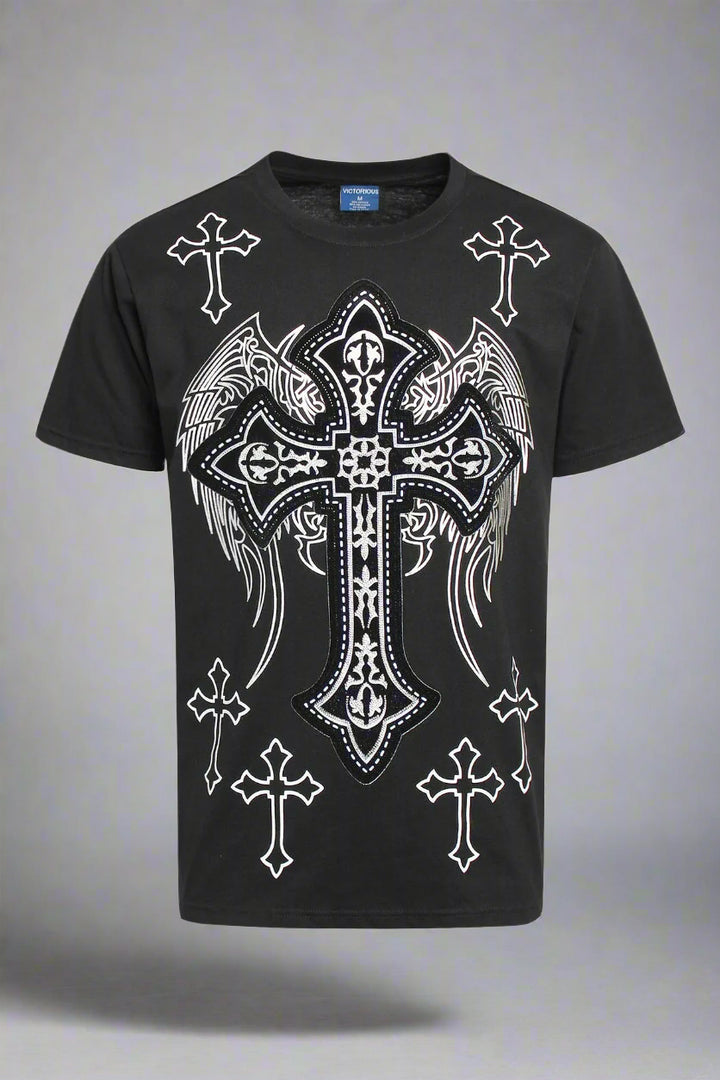 Rhinestone Winged Cross Tee Shirt with Rhinestones