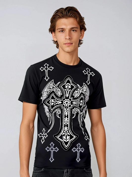 Rhinestone Winged Cross Tee Shirt with Rhinestones