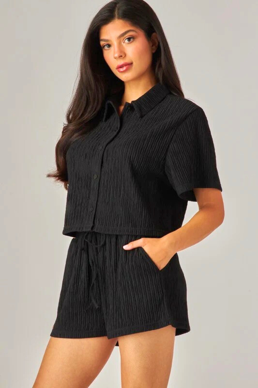 Crinkled Plisse Linen Shirt & Shorts