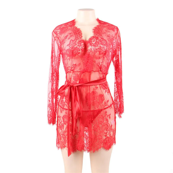 Red Sheer Lace Robe Lingerie Set