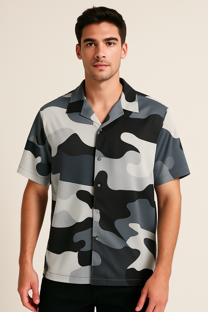 Camo Print Button-Up Polo Shirt
