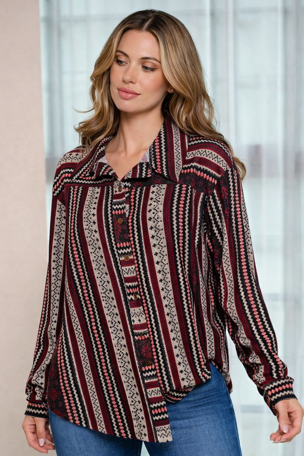 Button-Up Multi Print Blouse