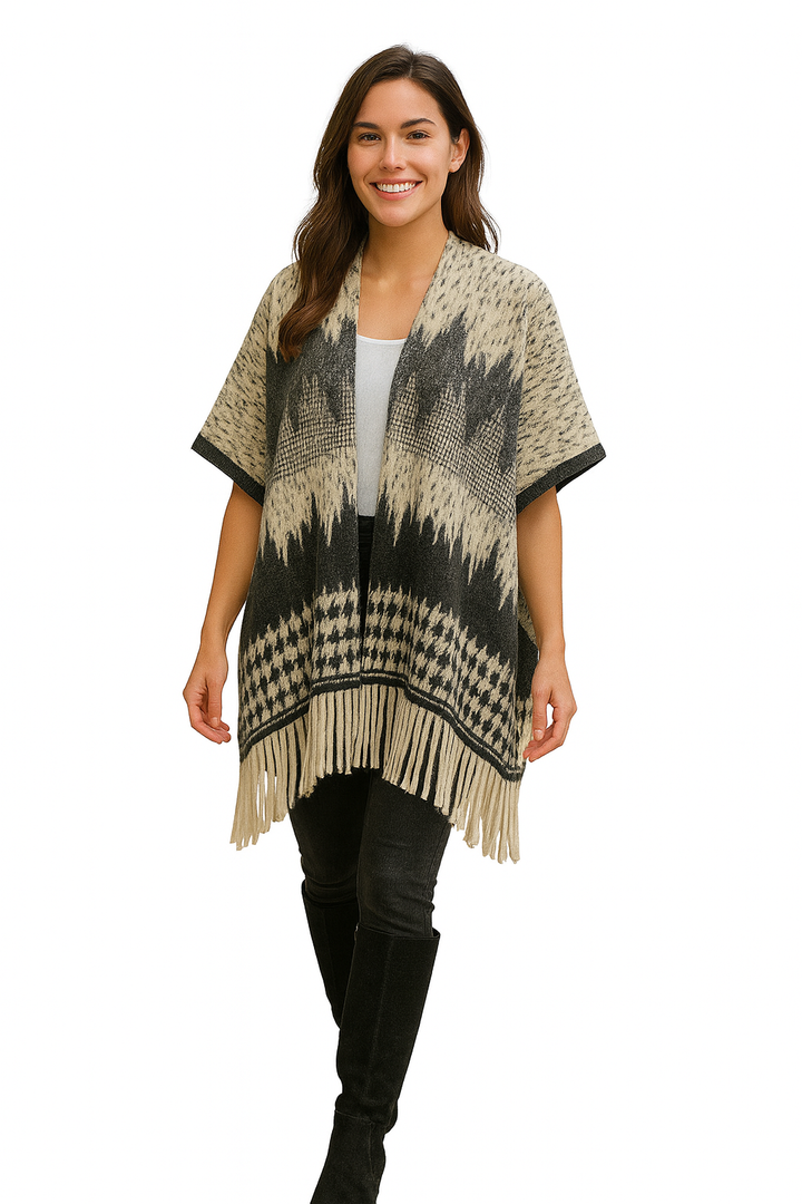 Black & Cream Patterned Fringe Shawl