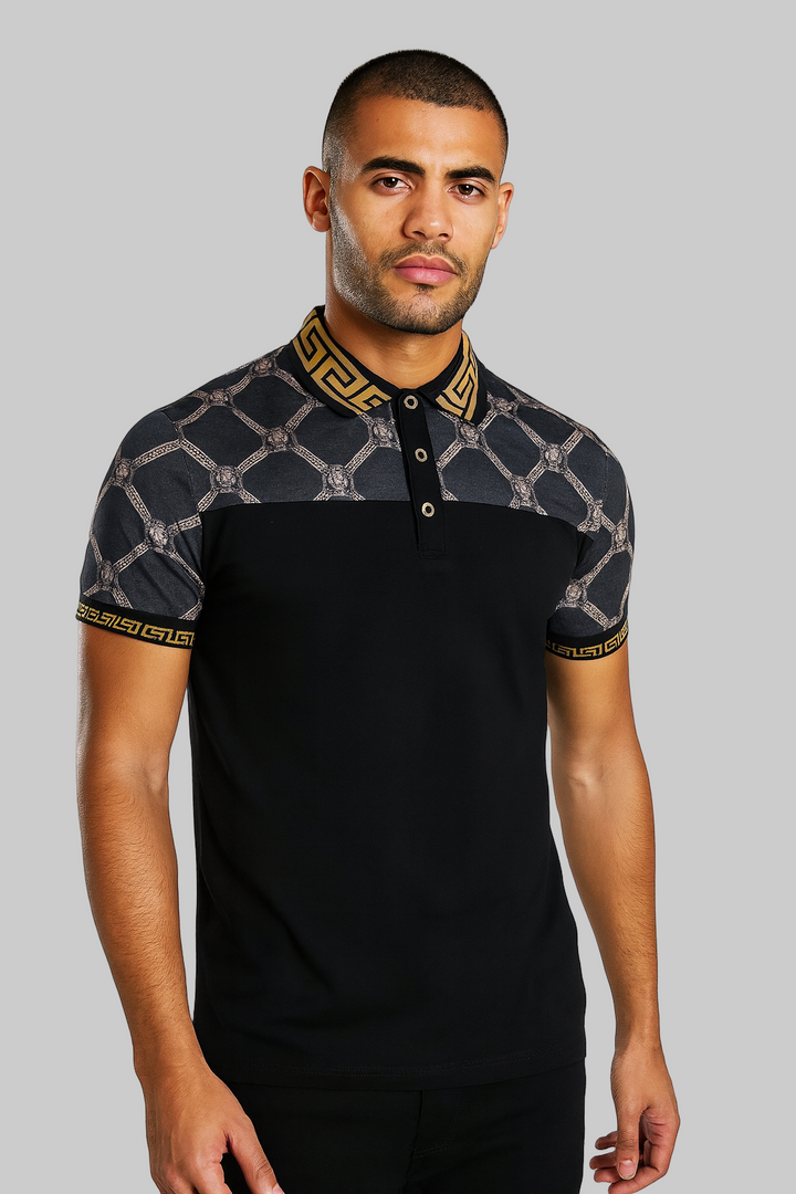 Man wearing a black and gold patterned polo shirt on a white background