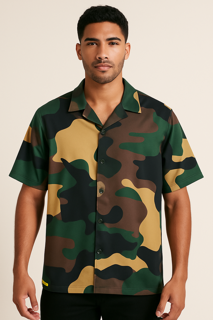 Camo Print Button-Up Polo Shirt