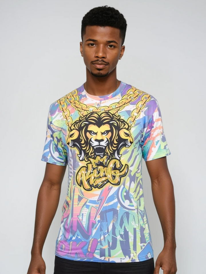 Graffiti Lion Rhinestone "KING" All-Over Print Graphic Tee Shirt
