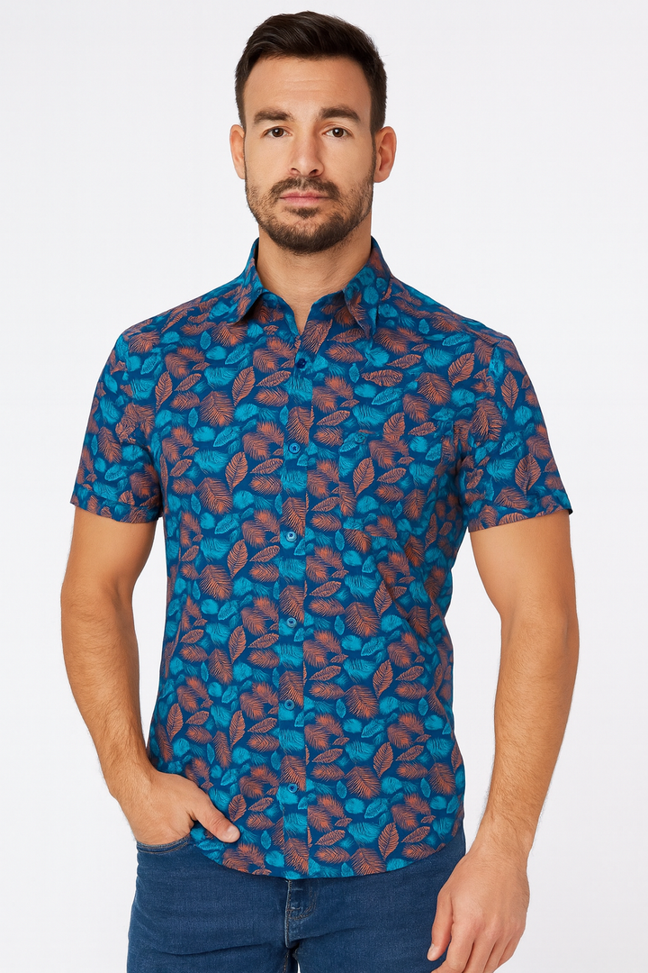 Leaf Print Button-Up Polo