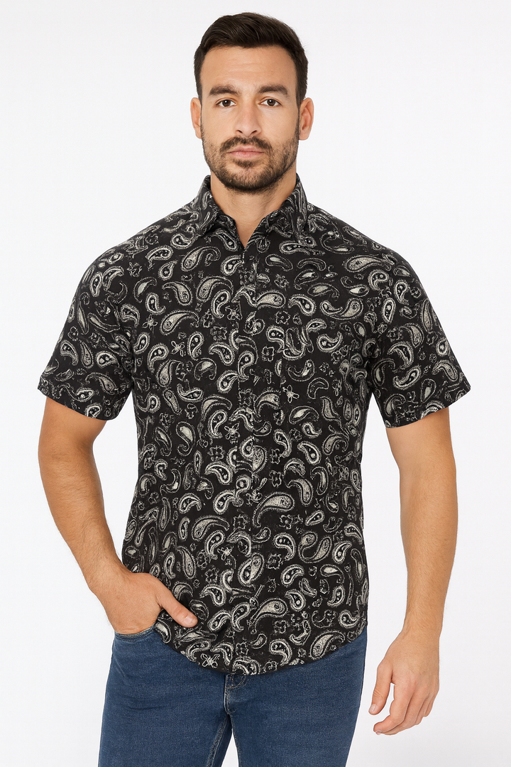 Black Paisley Print Button-Up Polo