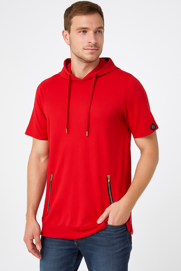 Short-Sleeve Hooded Zipper Shirt with Expandable Back